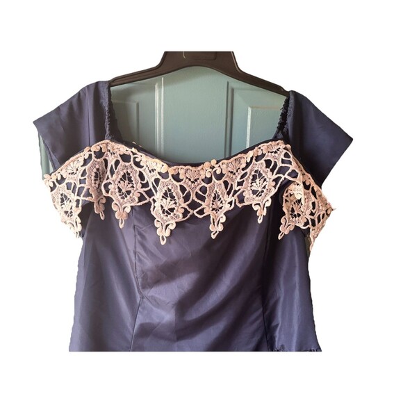 VTG'80 ILGWU Prom Formal Navy Blue Satin Lace Dress /Puffs Sleeves /Bows Size 40 - Picture 5 of 16